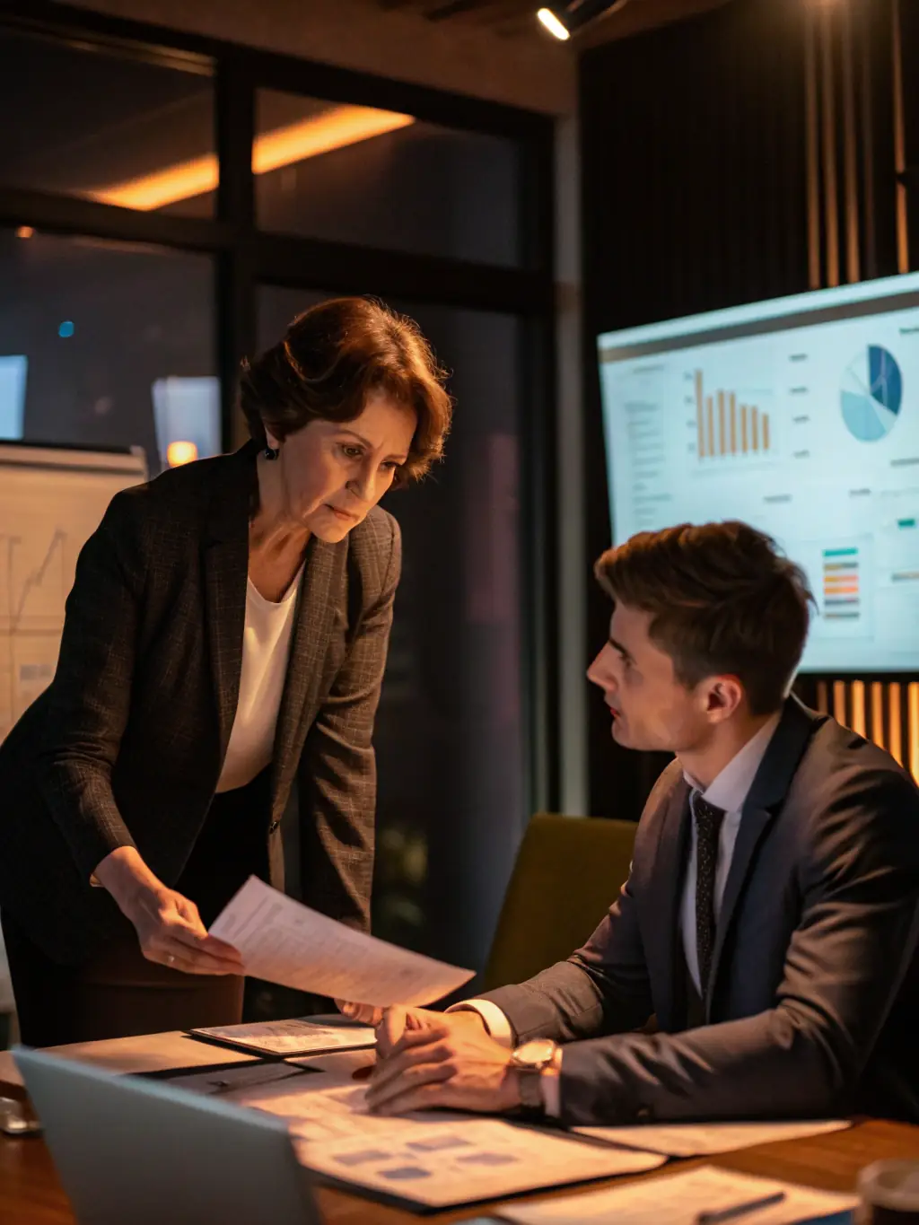 A professional South African business coach in a modern office setting, guiding a young entrepreneur through a strategic planning session, with a focus on innovation and market analysis.